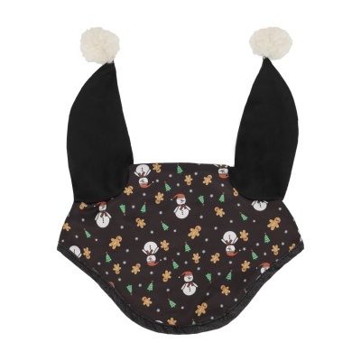 Bandana para animal com padrão natalício e orelhas pretas com pompom branco