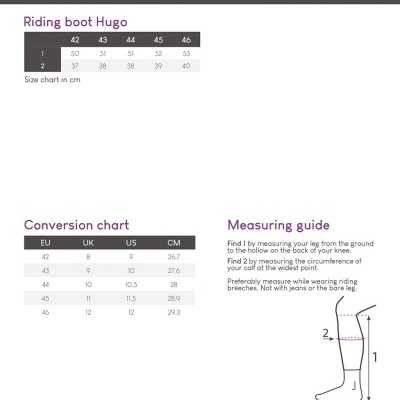 Tabela de tamanhos e guia de medição para botas de equitação Hugo da QHP