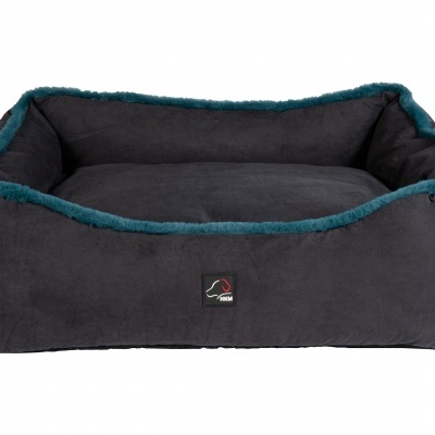 Cama para animais cinzenta com bordas felpudas azul turquesa