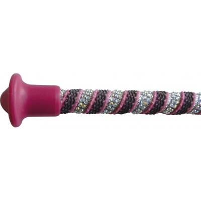 Cabo de chicote decorado com fios rosa e preto e pedras brilhantes com ponta de silicone rosa