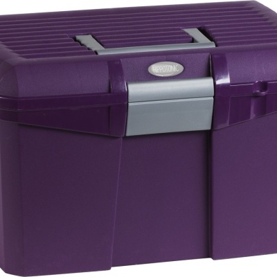 Caixa de arrumação roxa em plástico com pega cinzenta no topo