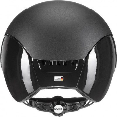 Capacete de ciclismo preto Uvex visto de trás com etiqueta MADE IN GERMANY