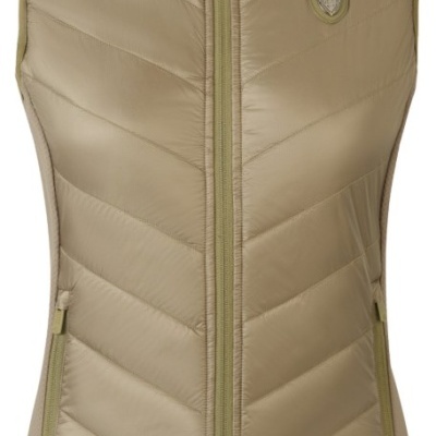 Colete bege acolchoado com fecho central e bolsos zíper