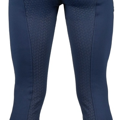 Calças justas de equitação azuis com textura antiderrapante e bolsos traseiros