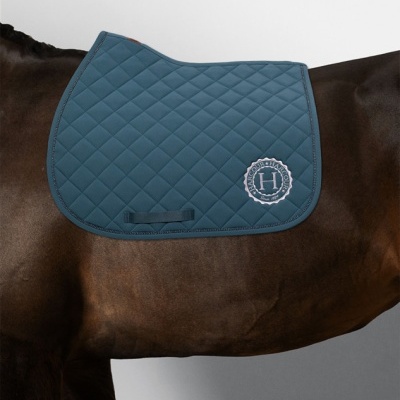 Tapete de sela azul turquesa acolchoado com logótipo branco HARCOUR colocado em cavalo castanho escuro