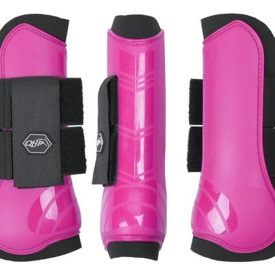 Proteções para equitação cor-de-rosa com tiras de velcro preto e logótipo QHP