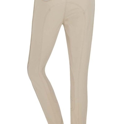 Calças justas bege com bolsos traseiros e etiqueta na cintura
