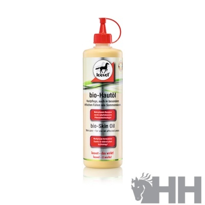 Frasco de óleo para pele Leovet com rótulo branco e tampa vermelha