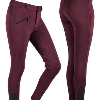 Calças justas de equitação roxas com reforço preto e bolso com fecho