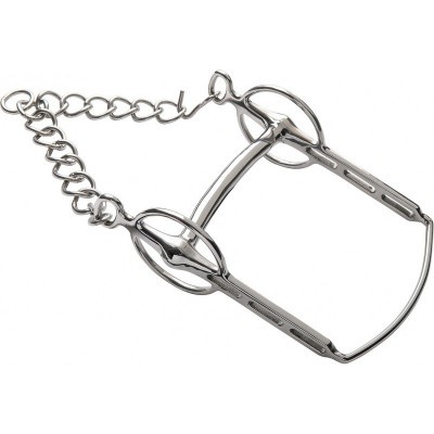 Freio metálico prateado para equitação com aro e corrente ajustável