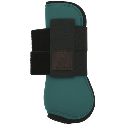 Protetor verde-azulado para cavalo com tiras de velcro pretas e logótipo de cavalo
