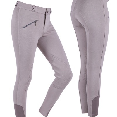 Calças de equitação cinza claro com bolsos e reforços de joelho e tornozelo
