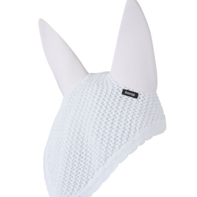 Capa branca para orelhas de cavalo com tecido tricotado e etiqueta horze
