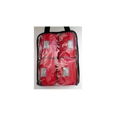 Conjunto de caixas vermelhas embaladas em saco plástico com pega preta