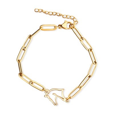 Pulseira dourada com elos alongados e pingente de cabeça de cavalo