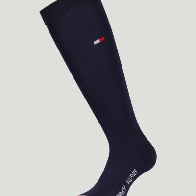 Meia comprida azul escura com detalhes vermelhos e brancos e logo Tommy Hilfiger