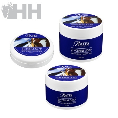 Três frascos de sabão glicerina Bates Saddles com rótulo azul e branco