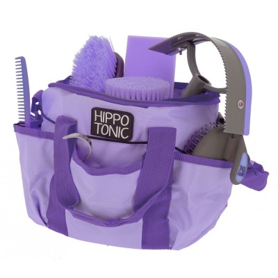 Bolsa lilás com ferramentas de limpeza de cavalos e etiqueta HIPPO TONIC