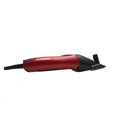 Máquina de cortar cabelo vermelha e preta com lâmina metálica