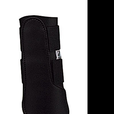 Proteção preta para pernas de cavalo com fecho em velcro e etiqueta pequena