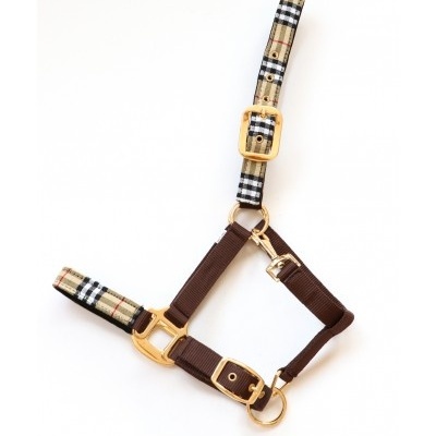 Longe para animais de estimação vermelho e bege xadrez com ferragens douradas