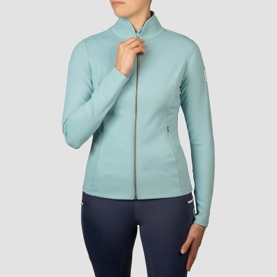 Casaco azul claro de manga comprida com fecho frontal e gola alta.