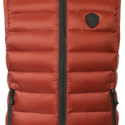 Colete acolchoado vermelho com capuz e zíper