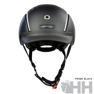 Capacete preto fosco para cavalo com marca CASCO e fecho ajustável