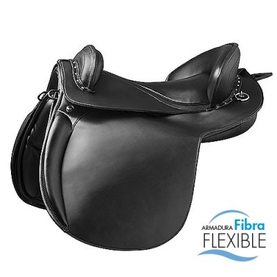 Sela de equitação preta em couro com assento acolchoado e logótipo Fibra Flexible