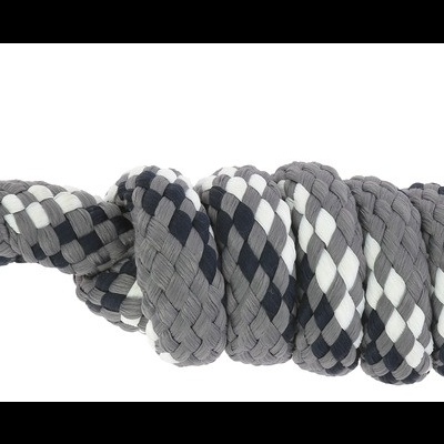 Corda trançada cinza, branco e preto com mosquetão metálico.