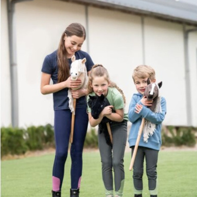 Três crianças com brinquedos de cavalo de pau num campo de relva.