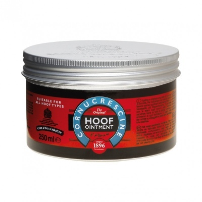 Pote de pomada para casco de 250 ml com rótulo vermelho, preto e azul