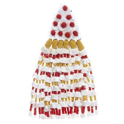 Vestido artesanal branco com franjas douradas e vermelhas e pompons vermelhos