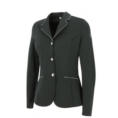 Blazer feminino preto com detalhes brancos e botões prateados