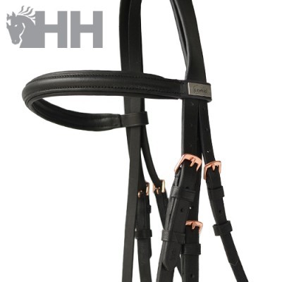 Rédea ou cabresto em couro preto com fivelas metálicas douradas
