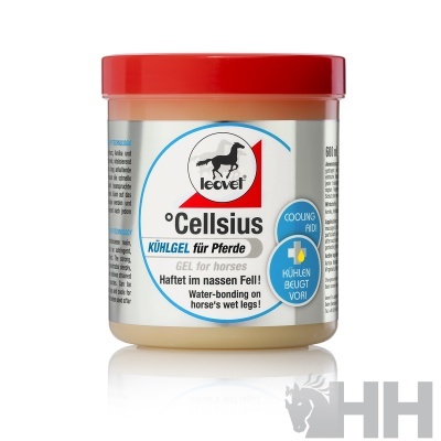 Pote de gel de arrefecimento para cavalos leovet celsius com tampa vermelha e rótulo branco e azul