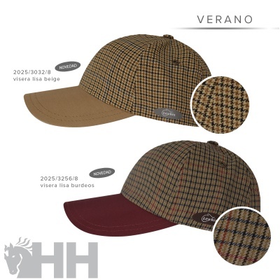 Bonés xadrez com viseiras lisas bege e burdeos