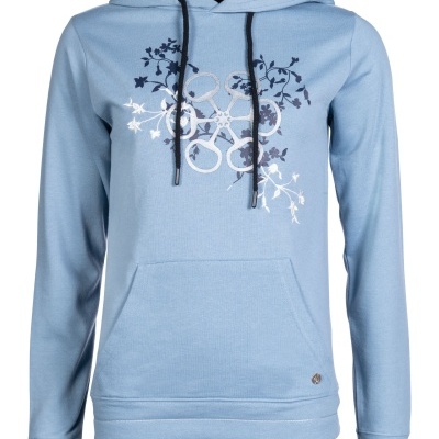 Sweatshirt azul claro com capuz, estampa floral e bolso canguru.