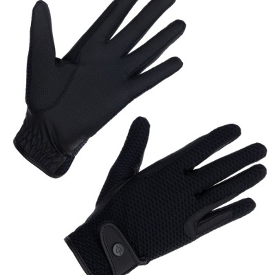 Par de luvas pretas com textura em malha e fecho em aba