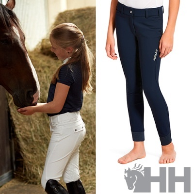 Calças de equitação de criança brancas e azul escuro, com detalhes e logo AMX.