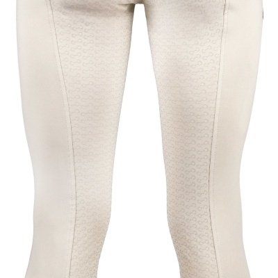 Calças justas bege com padrões antiderrapantes e bolsos trazeiros