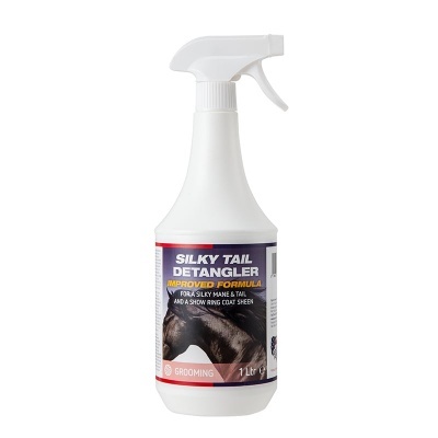 Frasco branco de 1 litro com gatilho contendo Silk Tail Detangler para animais