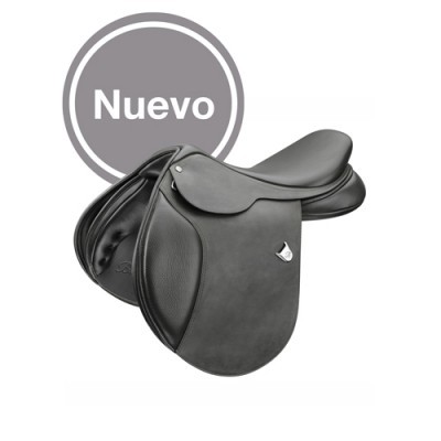 Sela de equitação preta em pele com a palavra Nuevo num círculo cinzento