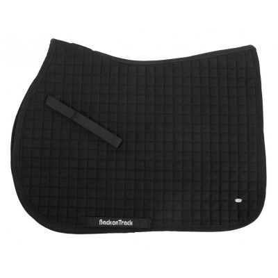 tapete de sela preto acolchoado com padrão quadriculado e etiqueta Back on Track