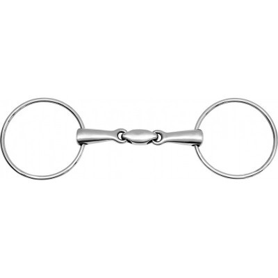 Freio metálico prateado com duas argolas e elo central articulado