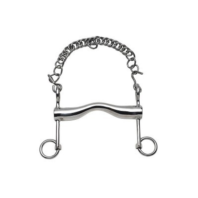 Freio para cavalo em metal prateado com boca curva e correntes
