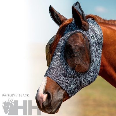 Máscara preta com padrão paisley para cavalo, com cobertura para orelhas e olhos, etiqueta PC Comfort Fit