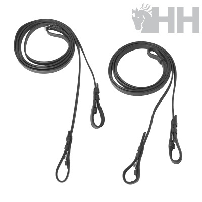 Duas correias pretas com ganchos, sobre fundo branco com logo de cavalo e letras HH.