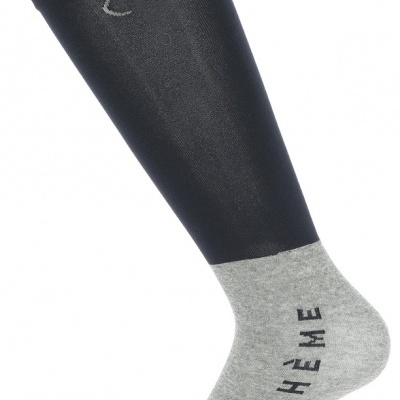 Meia comprida preta e cinza com texto EQUITHÈME.