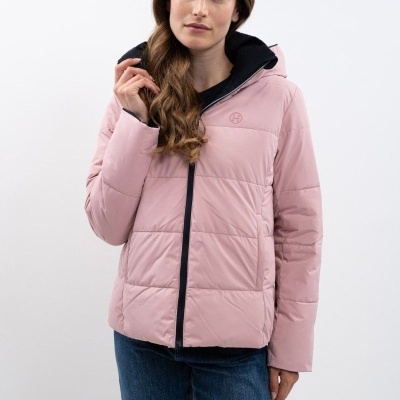 Casaco acolchoado rosa com fecho preto e capuz